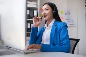 Customer service or woman consultant smile for success telemarketing, help or communication.