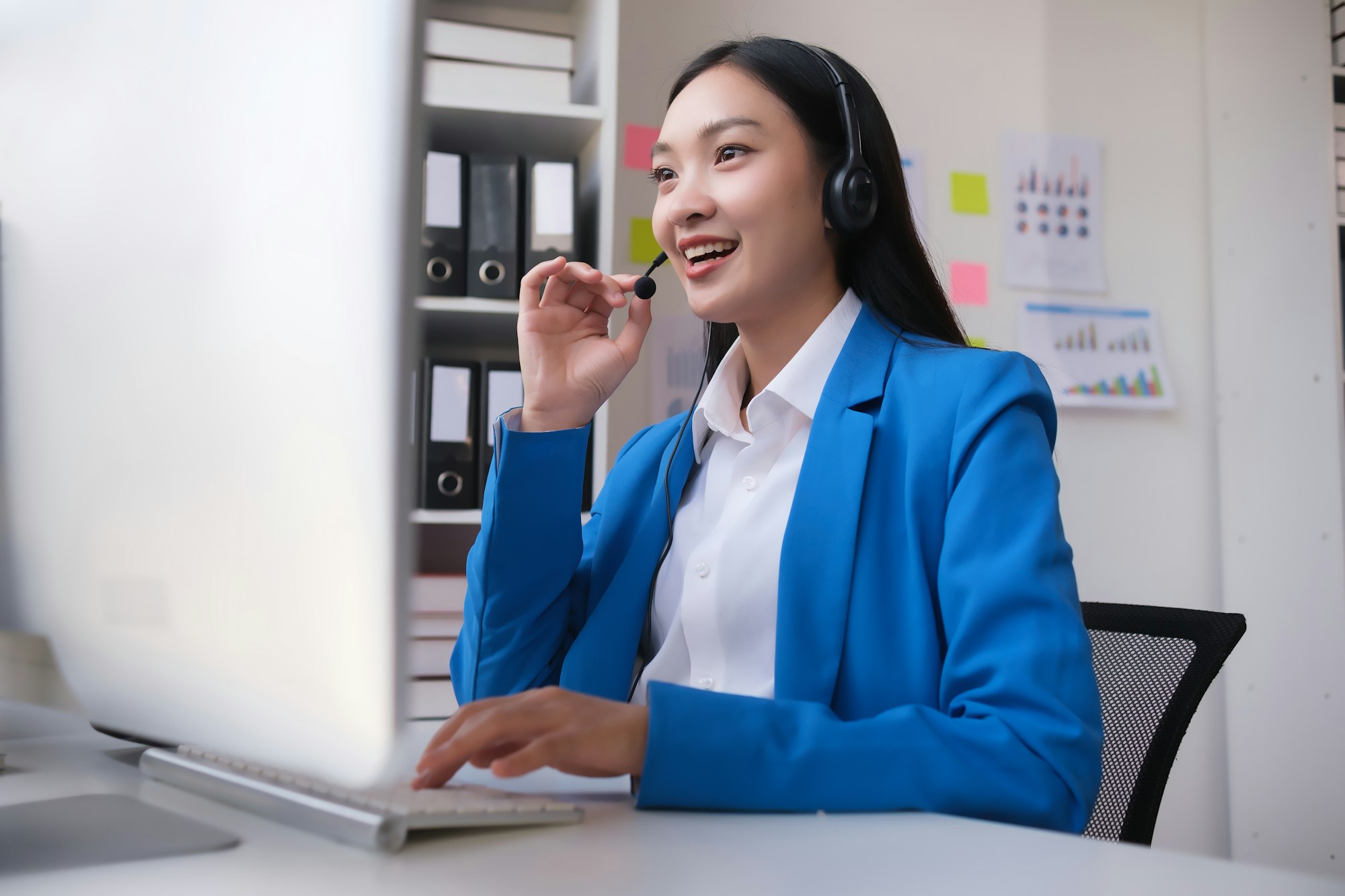 Customer service or woman consultant smile for success telemarketing, help or communication.