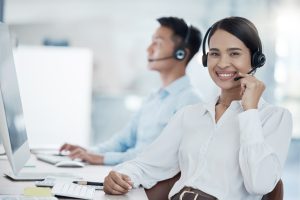 Telemarketing, sales or woman customer service consultant talking on headset. Job, crm or call cent